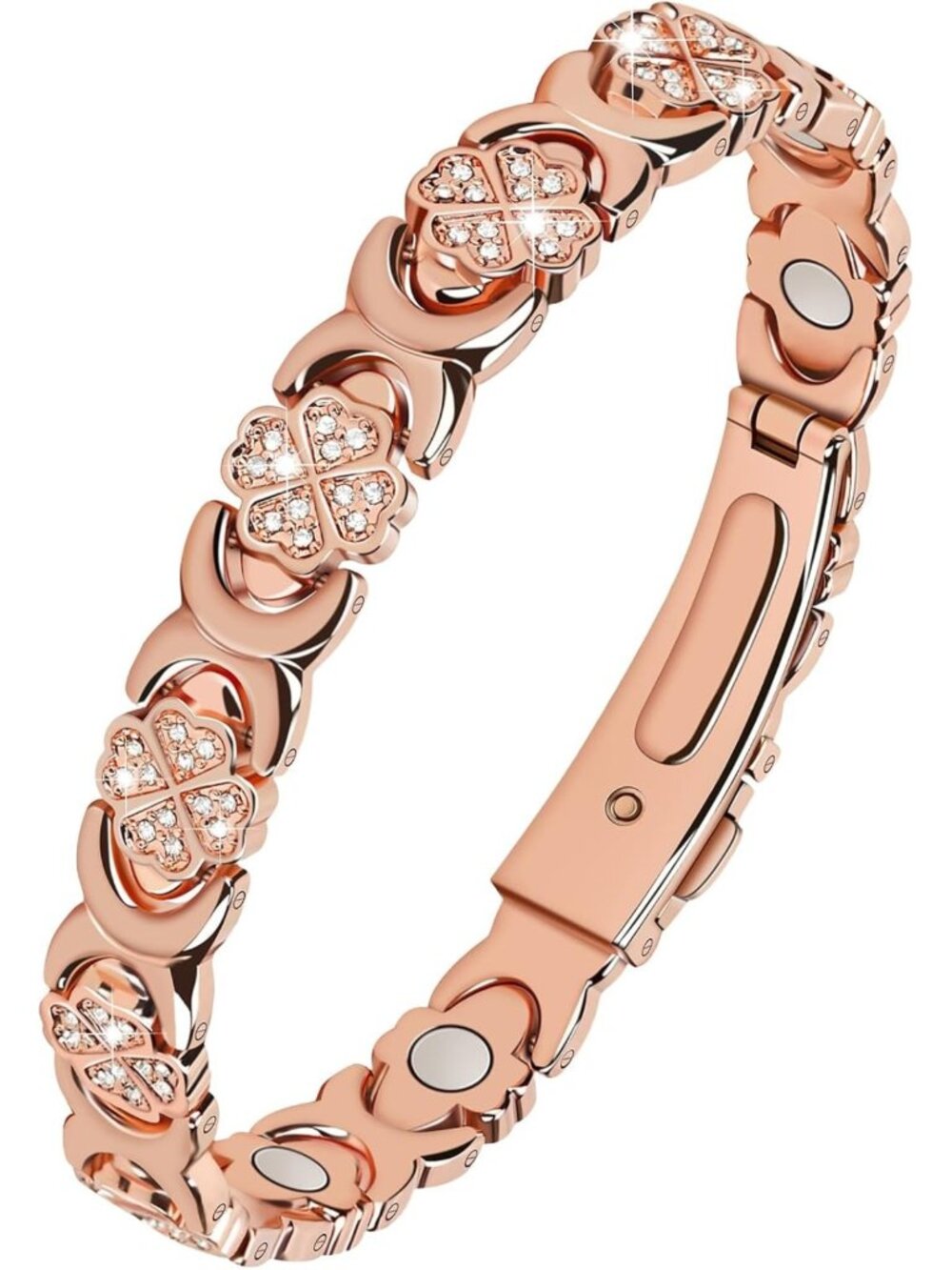 Stylish Adjustable Copper Magnetic Bracelet for Women, 3800 Gauss, CZ Clover